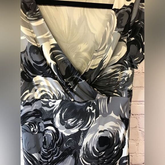 LK Bennett Black Gray White Silk Tea Midi Wrap Top Dress Cottagecore Size 8 (US) - Picture 3 of 11